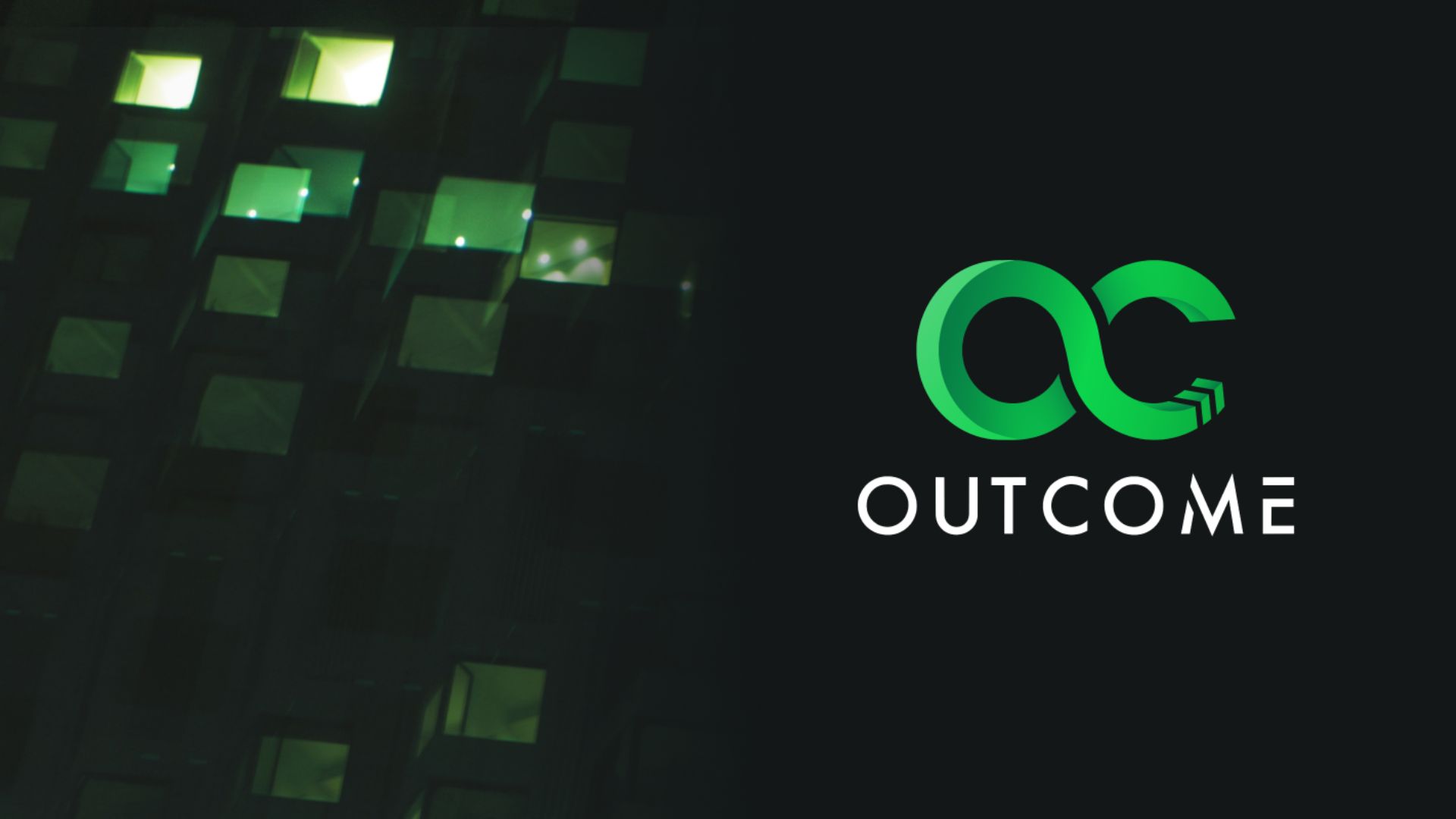 Outcome logo on a black background with abstract green windows in the background